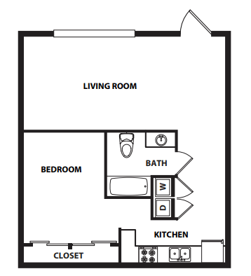 Floor plan for 1 bed, 1 bath, 889 sqft